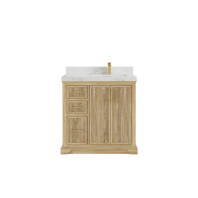 Willow Collections 36 x 22 Alys Solid Teak Right Offset Sink Bathroom Vanity with Quartz or Marble Countertop - 2"Calacatta Nuvo - Whitewashed