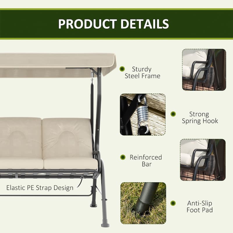 Outsunny Outdoor Patio Porch Swing Bench with Included Adjustable Shade Awning & Comfort Padded Seating for Three People