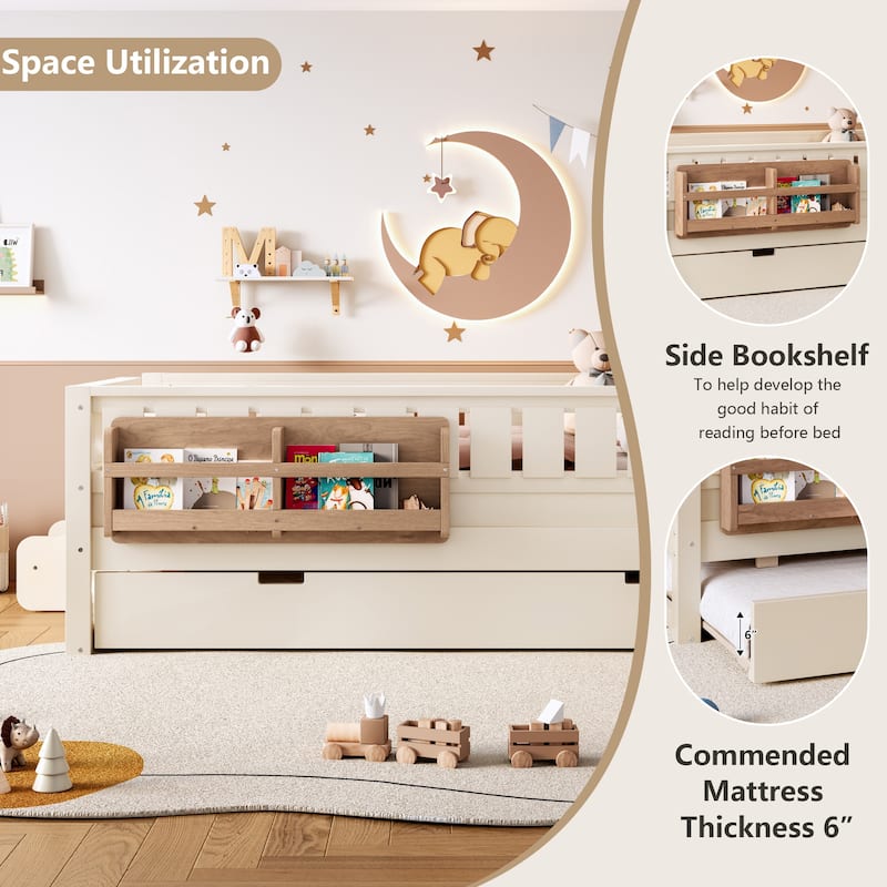 Full/Twin Loft Bed with Bookshelves, Safety Stairs & Trundle