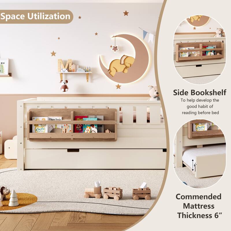 Full/Twin Size Wood Bed with Built-in Bookshelves and Storage Staircase, Safety Rails and Trundle Bed