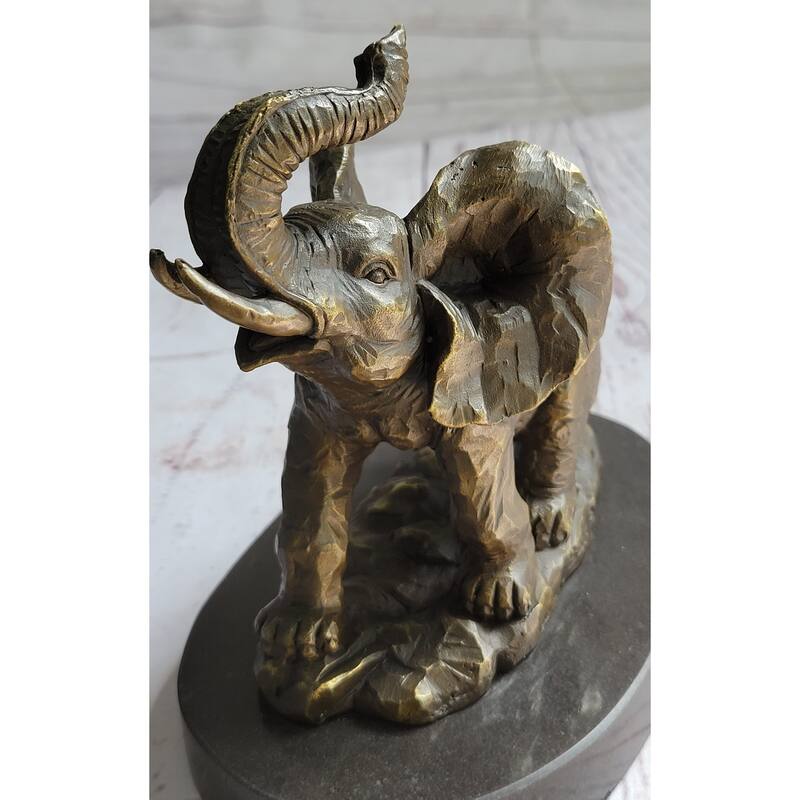 Trumpeting Imitative Elephant Trunk In The Air Bronze Metal Sculpture Statue Figure On Marble Base 7 Inches X 8 Inches