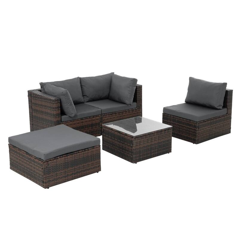5-Piece PE Rattan Wicker Patio Conversation Set with Cushions