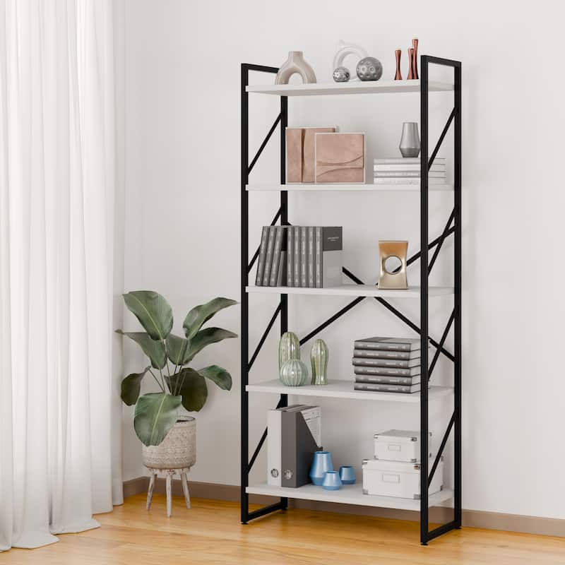 5-Tier Wood Storage Bookshelf with Anti-tipping & Drawers - Black/White