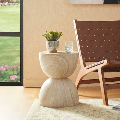 Glitzhome 17.75"H MGO Hourglass-Style Faux Travertine Garden Stool or Planter Stand or Accent Table