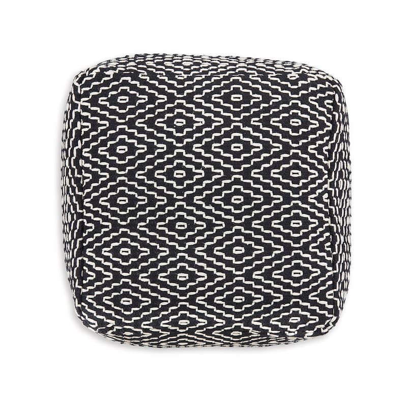 Sena 22 Inch Ottoman Pouf, Handwoven Pattern, Cotton Cover, Black White