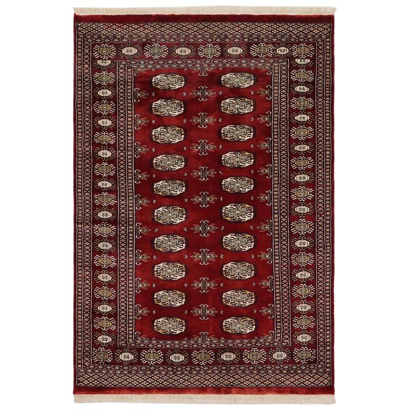Tribal Bokhara Madelyn Red Gray Hand Knotted Rug - 4'0'' x 5'9''