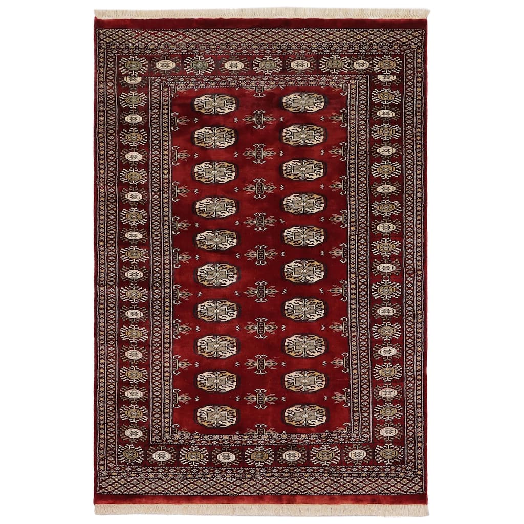 Tribal Bokhara Madelyn Red Gray Hand Knotted Rug - 4'0'' x 5'9''