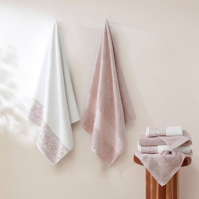 Modern Threads 6-Piece Jacquard Border Towel Set Allie - 100% Cotton, Bath, Hand & Washcloths - Elegant Floral Border