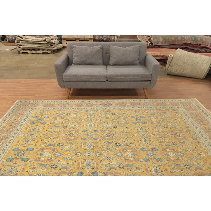 Hand Knotted Oriental 100% Wool Carpet Traditional All-Over Yellow & Gold Tabriz Area Rug - 9' 9'' X 6' 9''