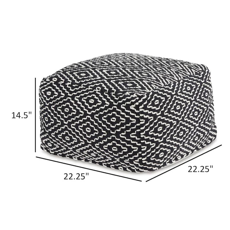 Sena 22 Inch Ottoman Pouf, Handwoven Pattern, Cotton Cover, Black White