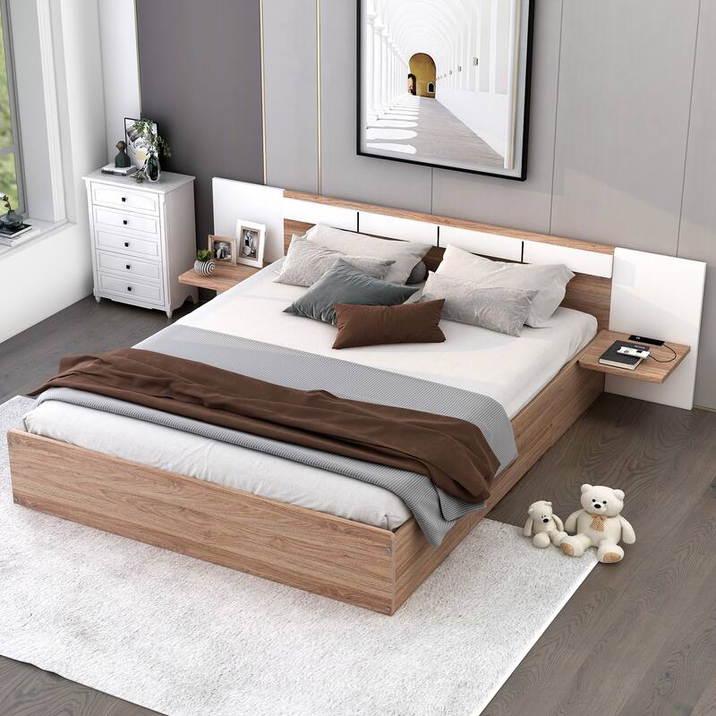 Queen Size Concise Low-Profile Platform Bed Frame with USB Charging