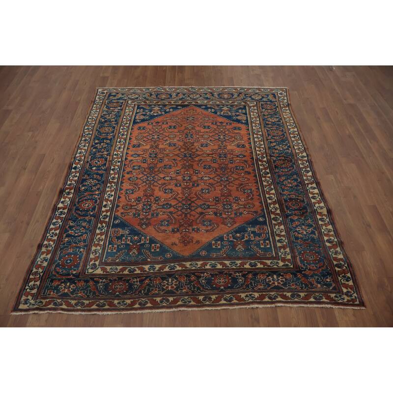 Hand Knotted Oriental 100% Wool Carpet Traditional Geometric Oranges & Rust Malayer Area Rug - 6' 3'' X 5' 1''