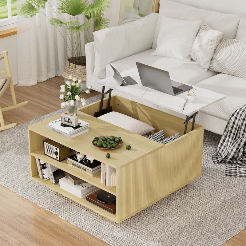 Meyreso Lift Top Coffee Table with Storage,Multi-Functional Center Table for Living Room - Oak