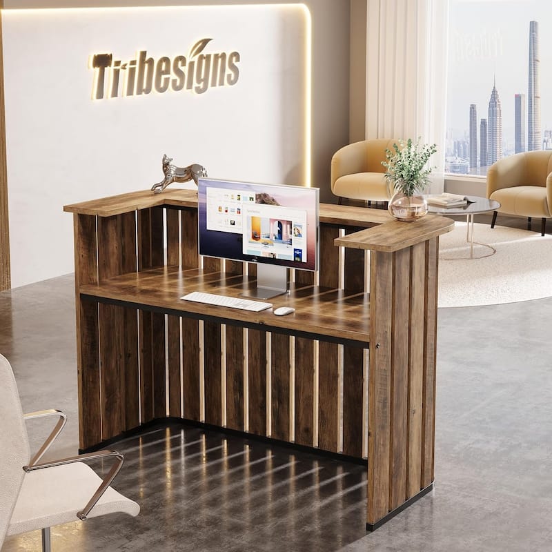 63" Reception Desk with Counter, Modern U-Shaped Front Desk, Retail Checkout Counter Table