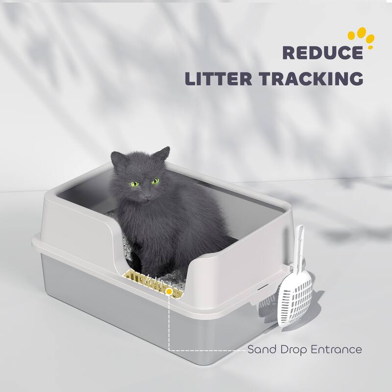 PawHut Stainless Steel Litter Box, XL Enclosed Cat Litter Box with High Side, Scoop, Easy Cleaning & Anti-Urine Leakage