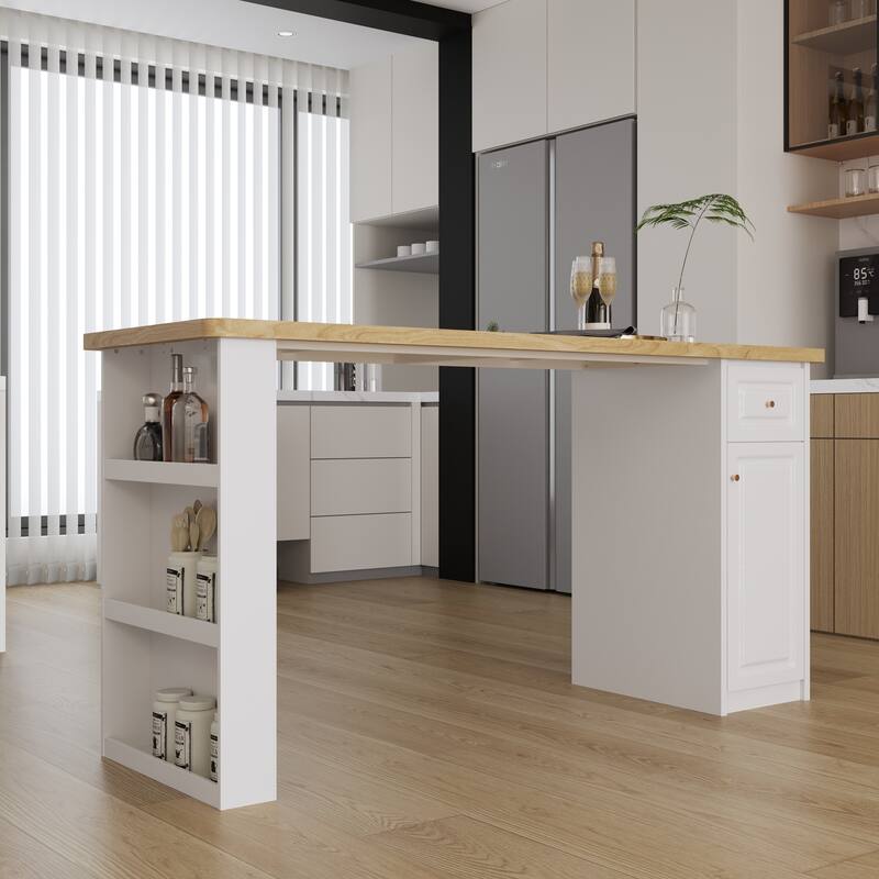 Work Table with Storage Cabinet,Natural Wood Top Kitchen Island Small Ding Table - N/A