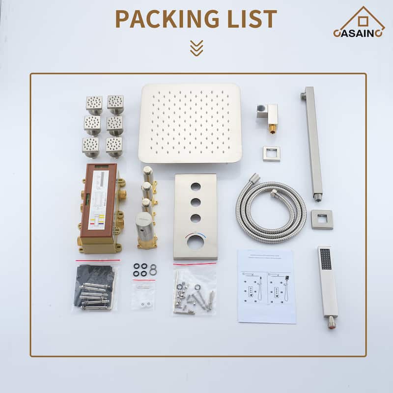 Luxury Thermostatic Shower System 1-Spray Patterns Wall Mount Fixed Shower Head and Handheld Spray with 6 Body Jets - 12" x 12"