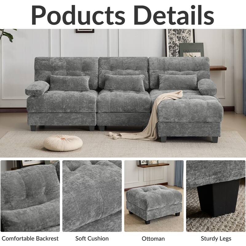 93" 3+1 Seater Sofa with Ottoman, Adjustable 4-Position Backrest, Soft Chenille Upholstery and 3 Pillows for Living Room