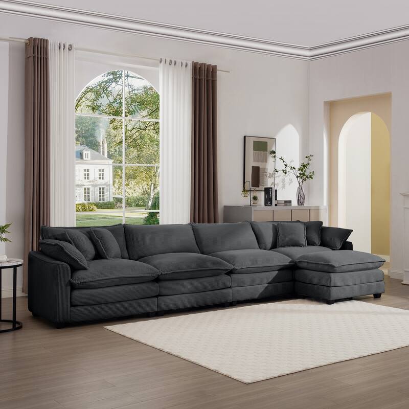 Comfortable 4-Seat Sectional Sofa with High-Resilience Foam & Matching Footstool - Corduroy Upholstery
