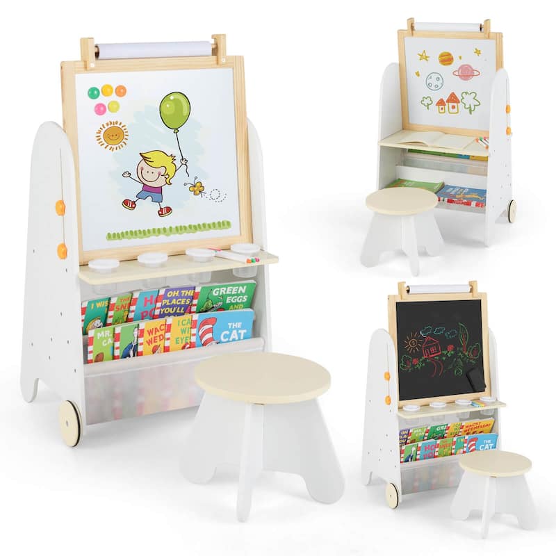 Costway 4-in-1 Kids Art Easel with Stool with Magnetic Whiteboard - See Details - Natural