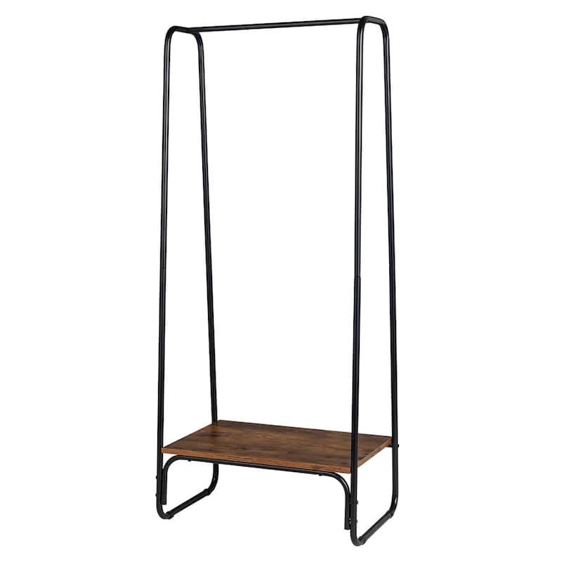 Freestanding Metal Clothing Rack with One Wood Shelf - Black+Walunt