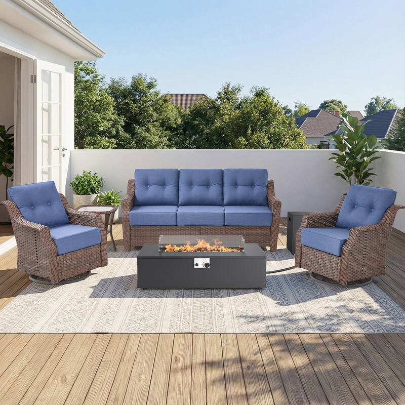 Pocassy 5/7PCS Sofa Swivel Chair Ottoman with Fire Pit Table - Brown Wicker Blue Cushion - 5-Piece Sofa Swivel Chair with Fire Pit Table