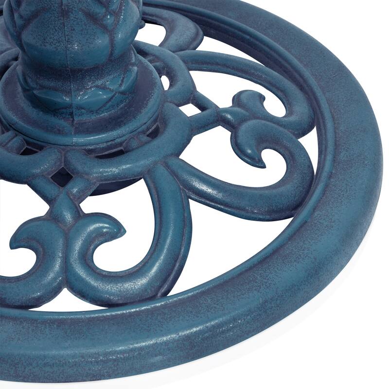 Blue Pedestal Birdbath with Scrollwork Base and Ground Stakes