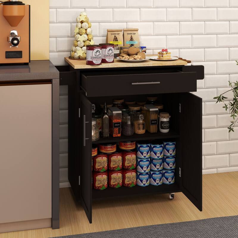 Mobile Kitchen Cart with Rubber Wood Tabletop, Adjustable Storage, and Towel & Seasoning Racks