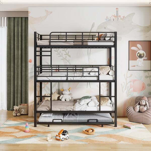 slide 2 of 14, Metal Twin Size Triple Bunk Bed With Trundle & Full-Length Guardrail Antique Black - Twin