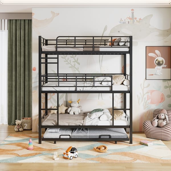 slide 2 of 7, Metal Twin Triple Bunk Bed with Trundle & Guardrail, Antique Black Antique Black - Twin
