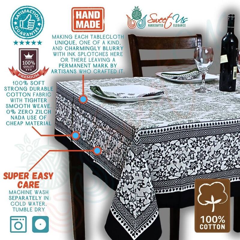 The Amore French Country Cotton Floral Tablecloth Square, Ebony Fern - 60 x 60 inches