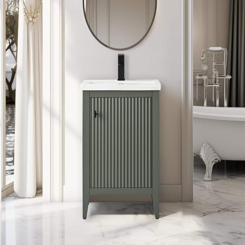 Vanity Art 20" Single Sink Bathroom Vanity Cabinet with Ceramic Top - 20"/Matte Black Handle - Linear Vintage Green