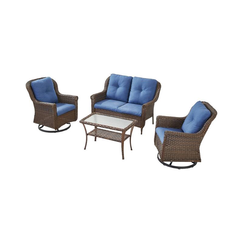 Outdoor 2-Seat Sofa with 2 Swivel Chair Table Brown - Blue