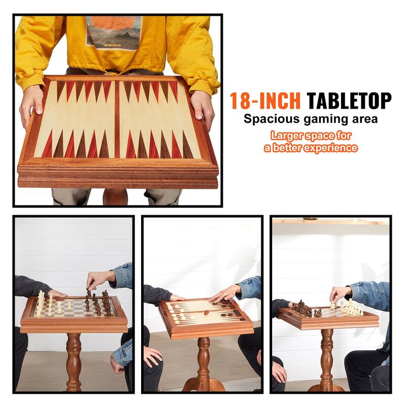 VEVOR 3-IN-1 Chess Checkers Backgammon Table Set Premium Wooden Chess Table Deluxe Combo Game Table Furniture Set - 18 Inch