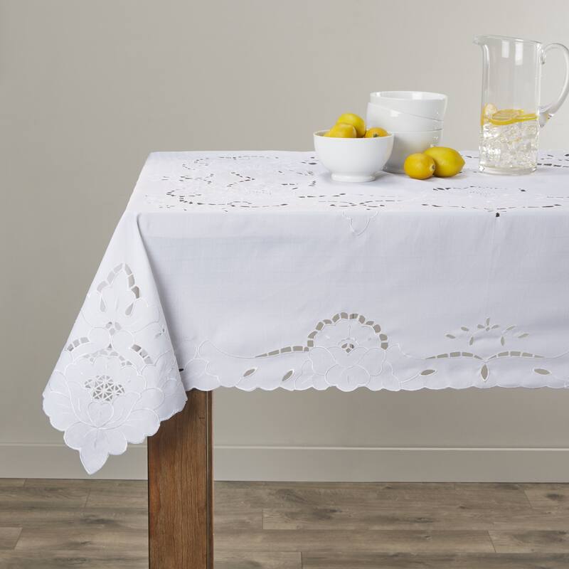 Violet Linen Sapphire Embroidered Pattern Tablecloth - 60" X 105" - White