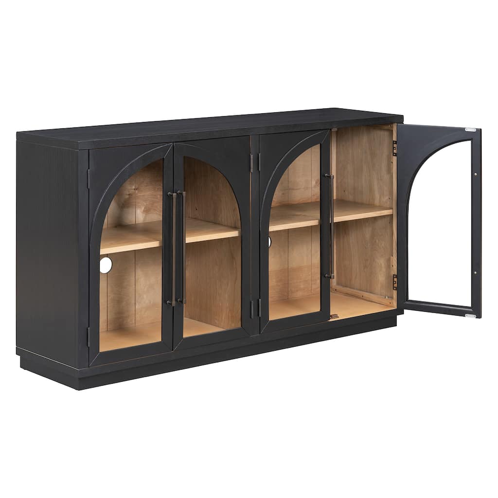 4-Door Large Storage Buffet Cabinet with Glass Doors and Adjustable Shelves