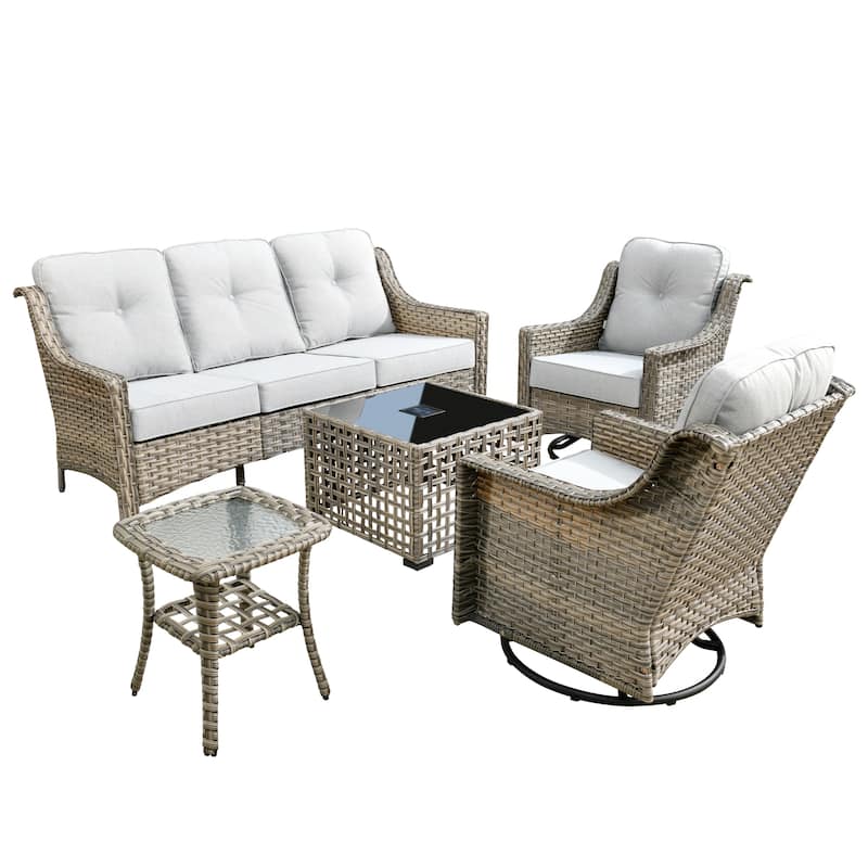 OVIOS 5 Pieces Outdoor Wicker Swivel Chair Set With Solar-Powered Table