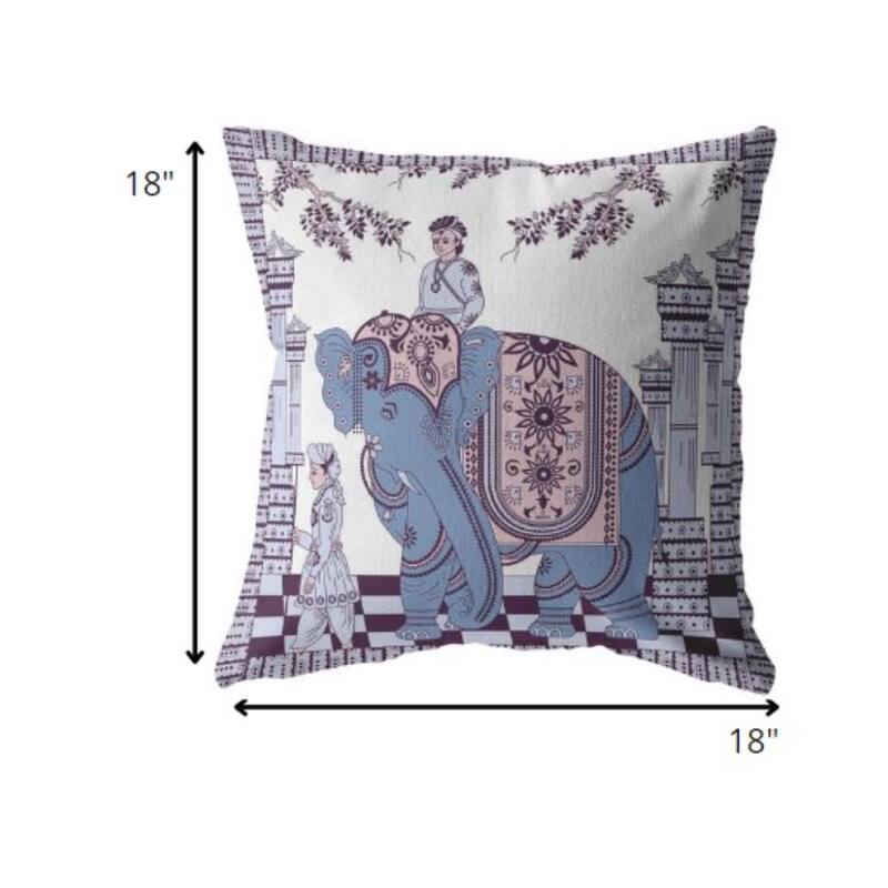 18" Blue Purple Ornate Elephant Zippered Suede Throw Pillow
