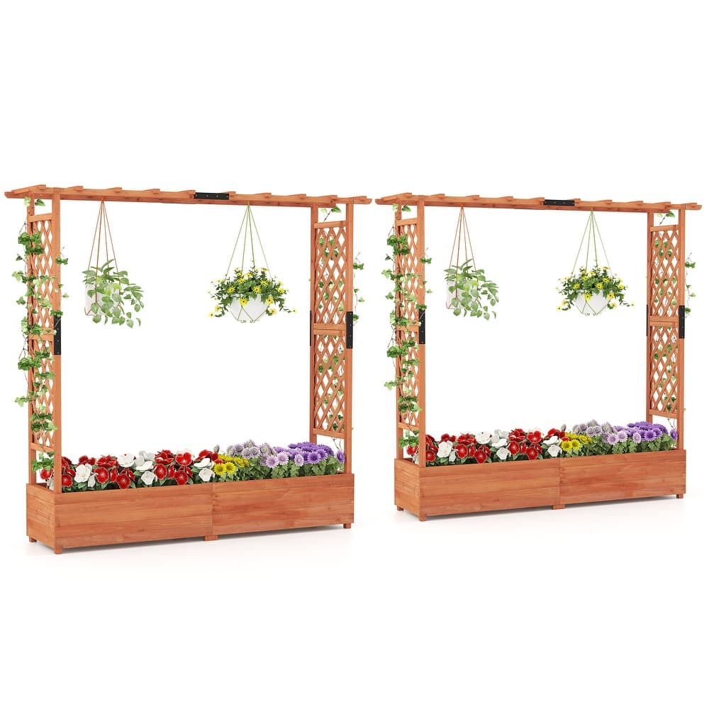 Gymax 2PCS Raised Garden Bed Planter Box w/ Side & Top Trellis for