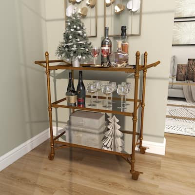 Brass Metal Rolling 3 Mirrored Shelves Bar Cart with Handles