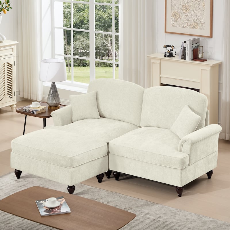 76.4" L Shaped 2-Seat Sectional Sofa, Chenille Couch with Ottoman, Flared Arms Loveseat with Removable Ruffles Pleats Skirts