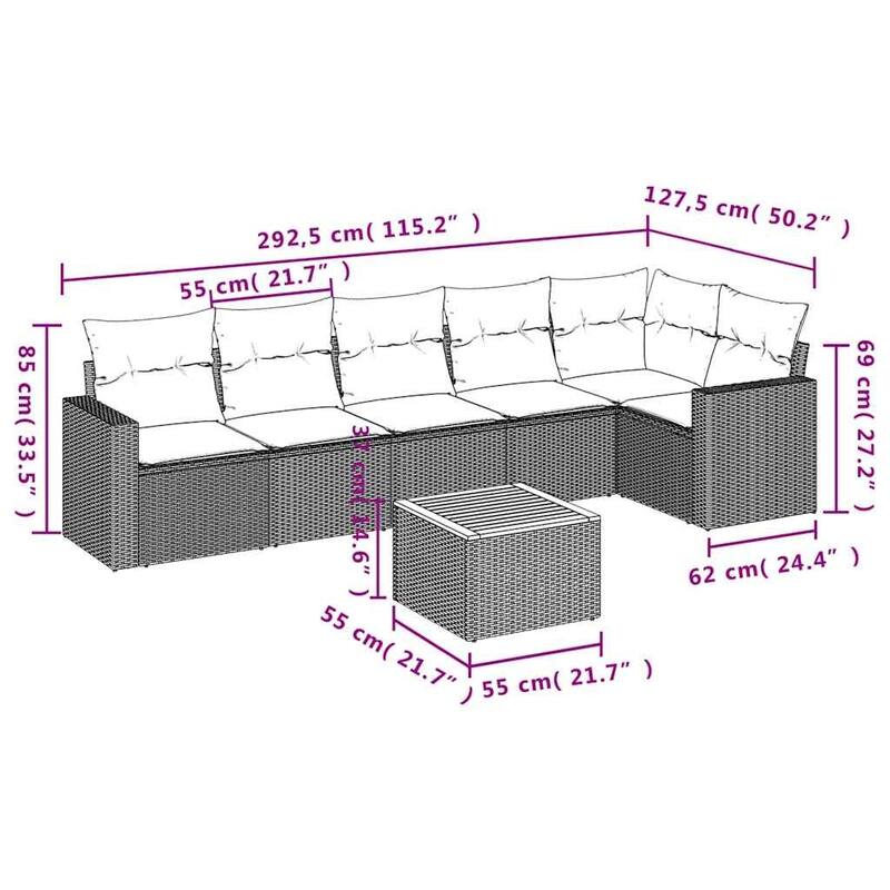 vidaXL Patio Sofa Set with Cushions Outdoor Furniture 7 Piece Poly Rattan - 24.4 x 25.8 x 27.2