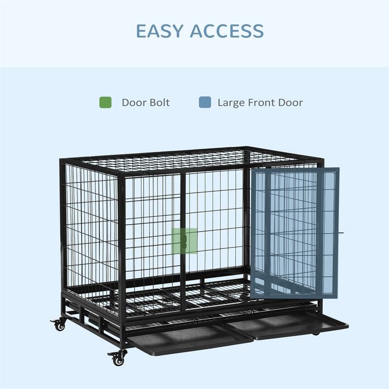 Black Metal Dog Crate with Front and Top Access Slide-Out Tray and Lockable Rolling Wheels