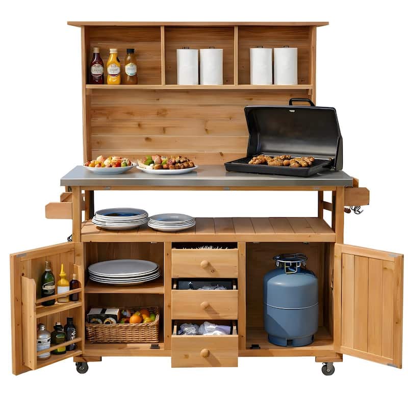 65''H Outdoor Potting Bench Garden Storage Table w/Lockable Wheels, Drawers, Cabinets & Side Hooks - N/A