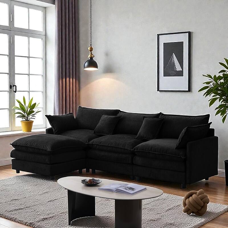 105" L-Shaped Modular Sectional Sofa with Ottoman, Soft Chenille Upholstery, 3-Seater Couch - Black