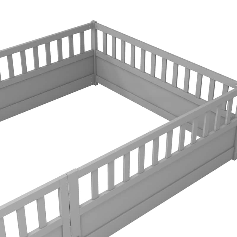 Grey Full Size Pine Wood Floor Bed, Integral Construction with Super High Security Barrier, Door, Children's Floor Bed Frame