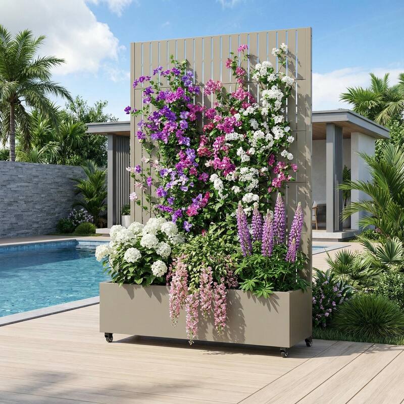 Raised Garden Bed Planter with Trellis Movable Planter Box with Lockable Wheels