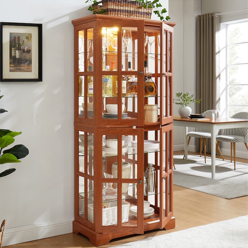 Curio Display Cabinet, Antique Display Cabinet with Glass Doors Adjustable Shelves Four Door Design Vintage Showcase