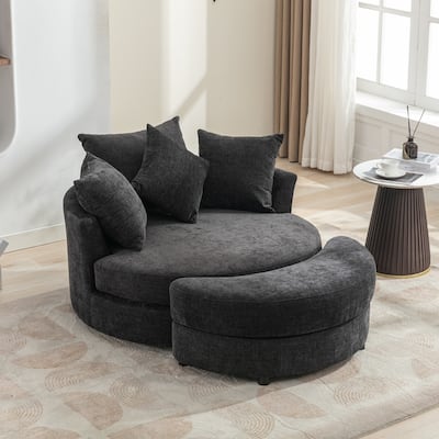 Roomfitters Modern 360° Swivel Barrel Chair with Hidden Storage Ottoman, Chenille Upholstery and Four Pillows