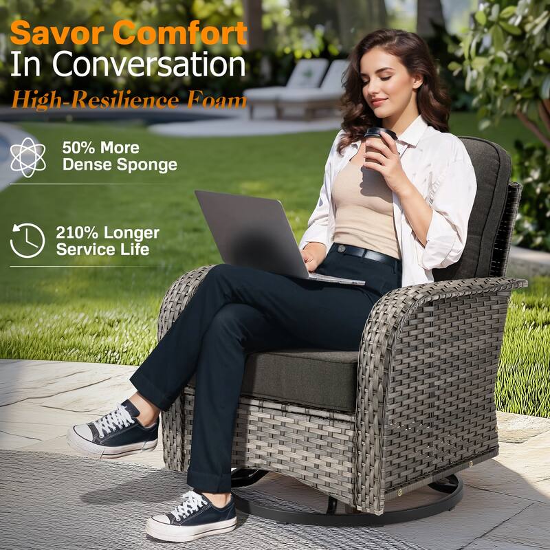 OVIOS 7-piece Patio Wicker Swivel Rocking Chair Set With Fire Pit